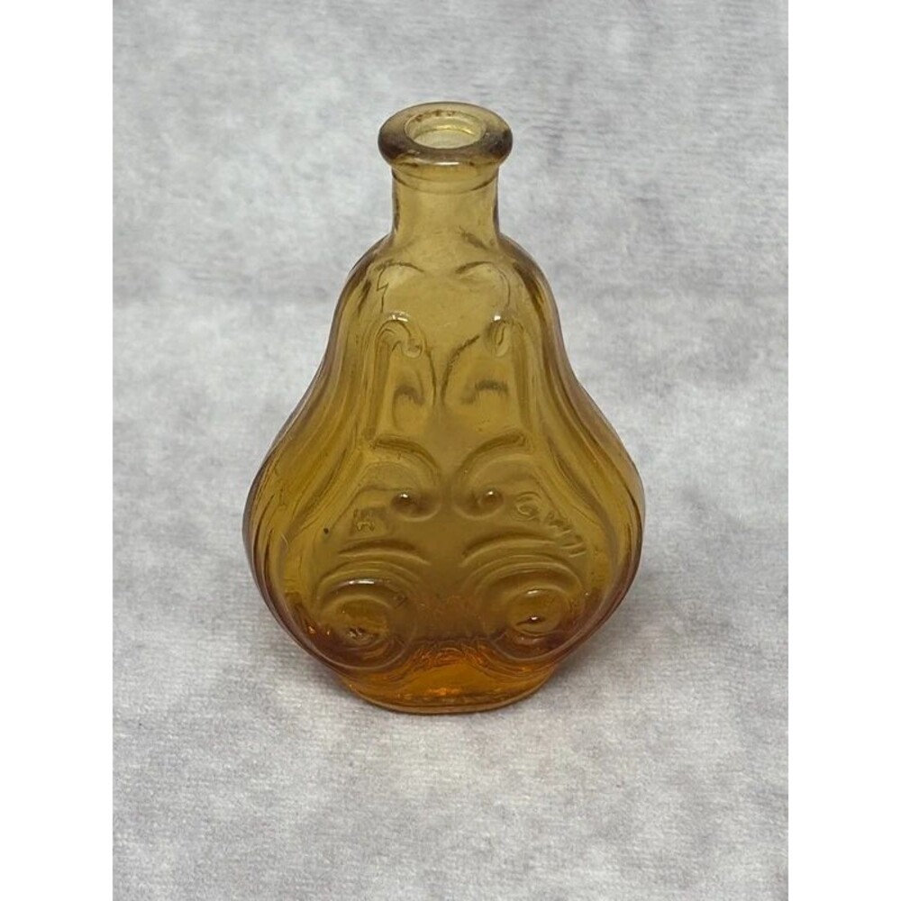 Vintage Wheaton Amber Glass Scroll Flask Bottle 3" Miniature